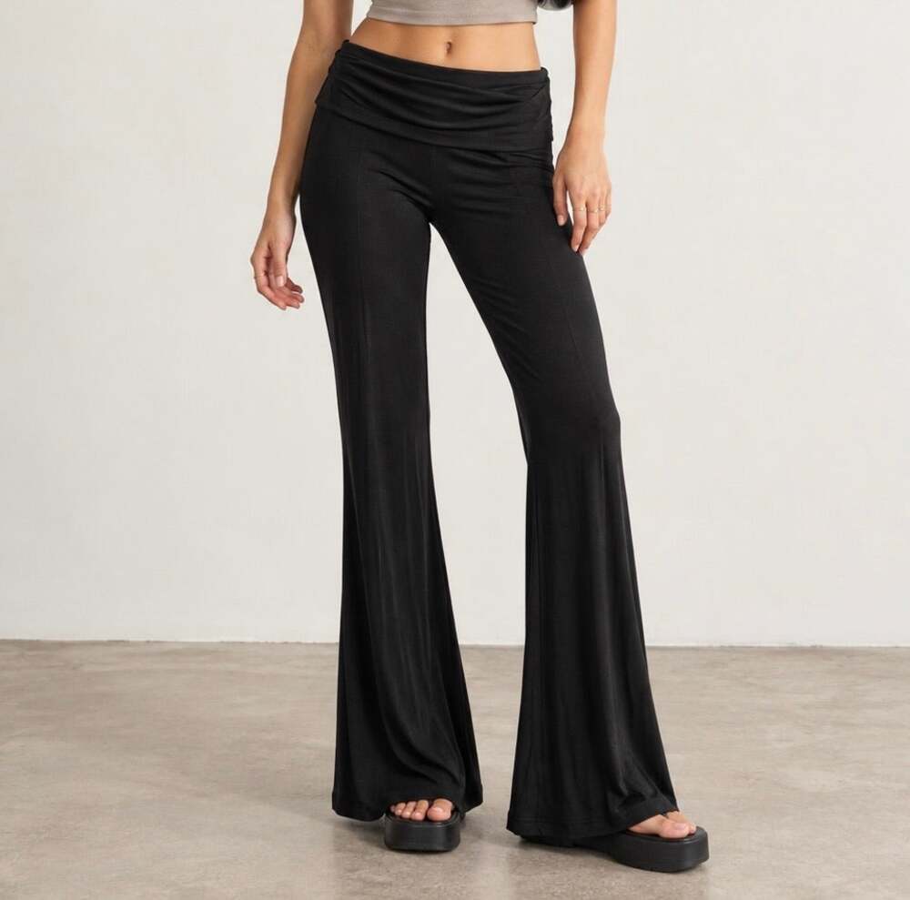 Urban Outfitters S Black Slinky Foldover Waist Slinky Travel Flare Pants EUC